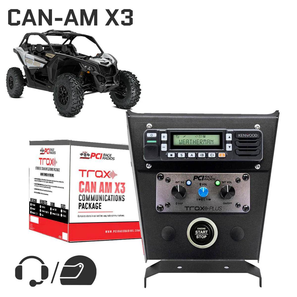 CanAm X3 Trax Stereo Complete Communications Package with intercom, Bluetooth, Kenwood radio, and mounting bracket for off-road vehicles