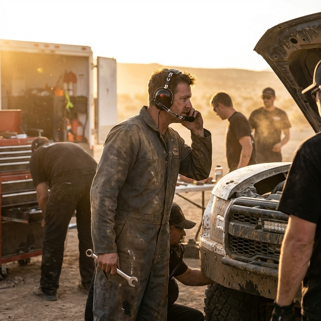 Man wearing Crew Chief single side headset working on off-road vehicle at sunset