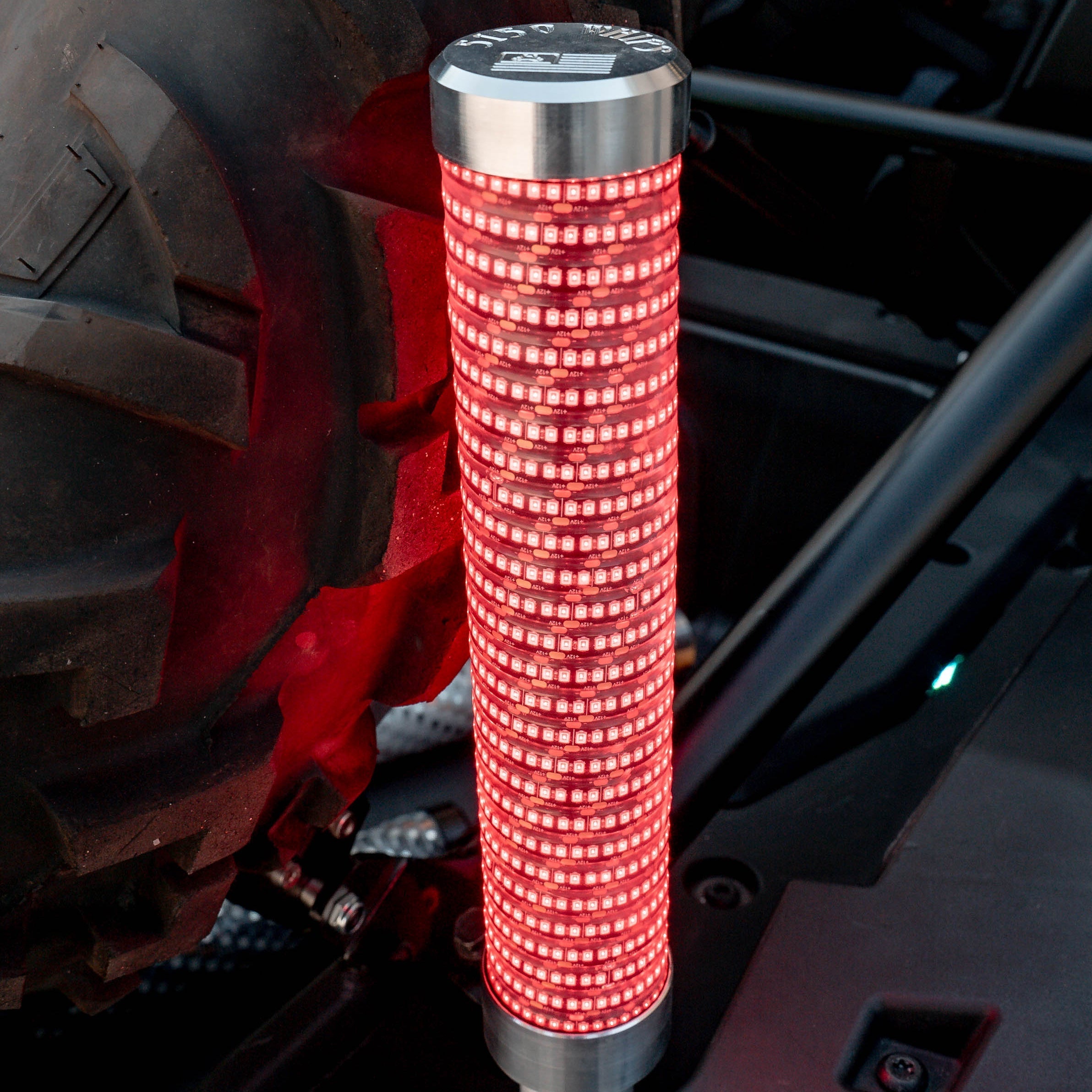 Pair of Hyper Color Nitestik LED Fat Whips with billet aluminum caps and magnetic bases for off-road lighting