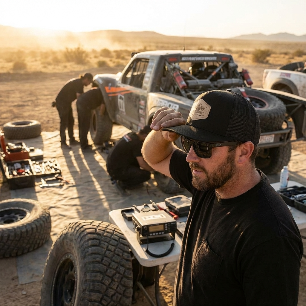 Man wearing black electric trucker hat with leather patch at off-road race site
