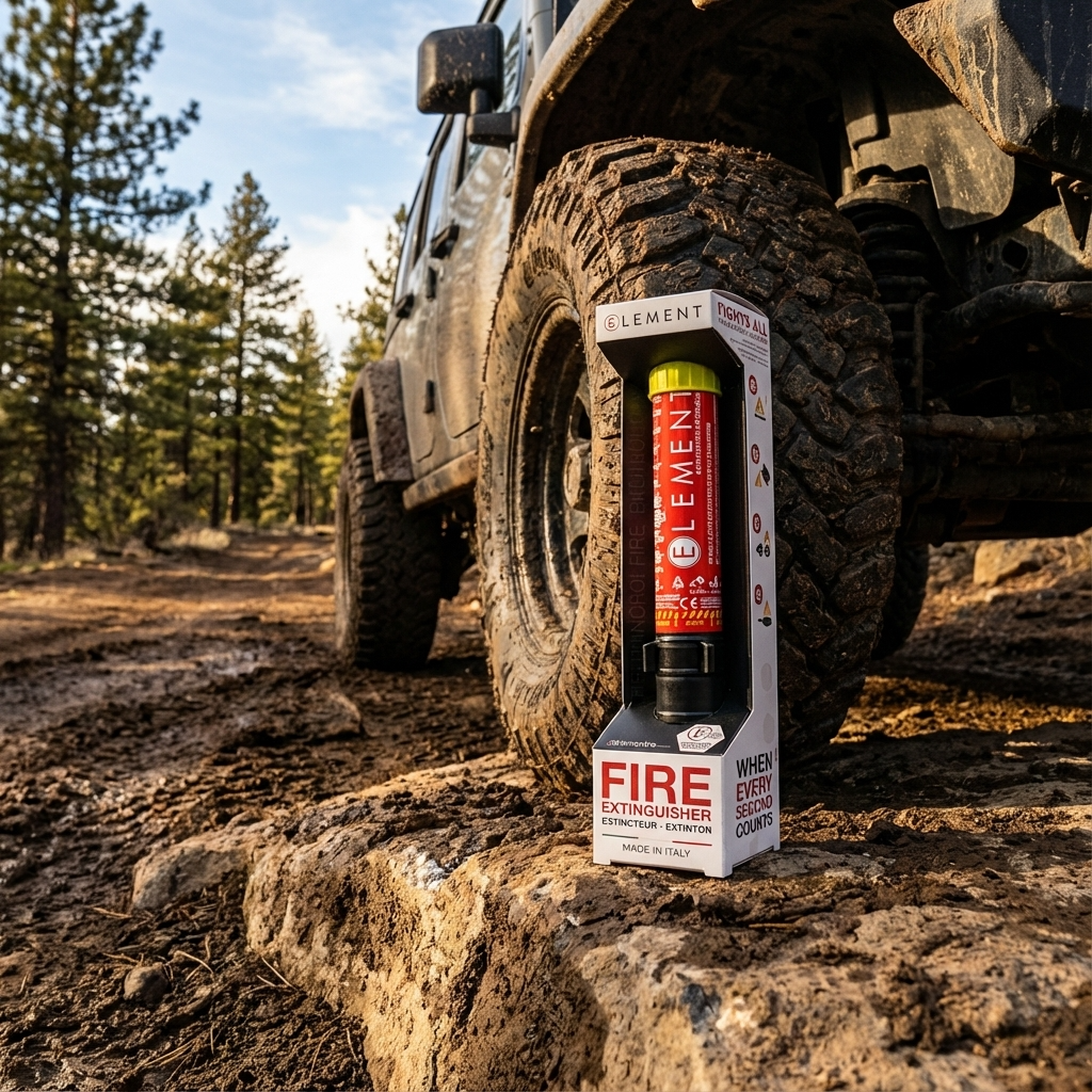 Element E50 compact fire extinguisher in packaging next to off-road vehicle tire outdoors