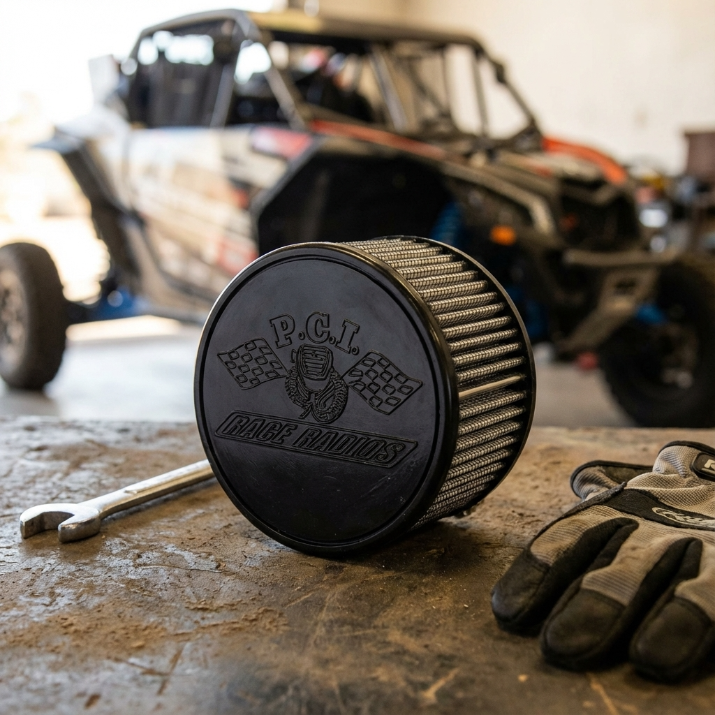 RaceAir Boost replacement dry air filter for race vehicles on workshop table with tools and gloves.