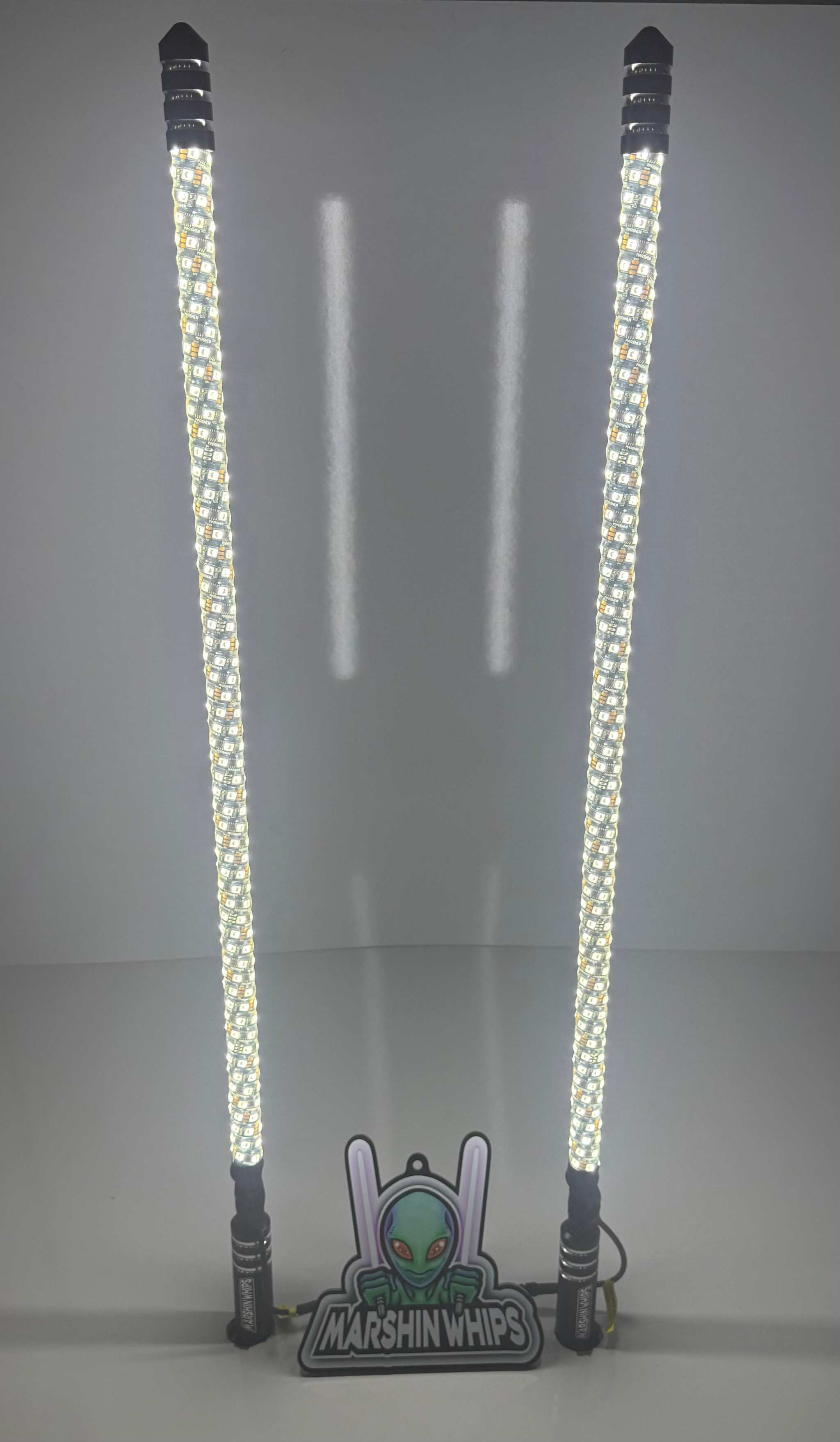 RGBW Whips Multi Color offroad LED whip lights with bright white illumination and Marshin Whips logo base.