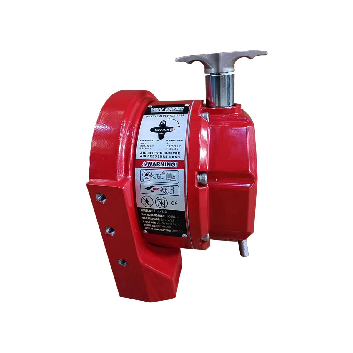 Gearbox GBT10RVSHY red winch gearbox with warning label and silver handle