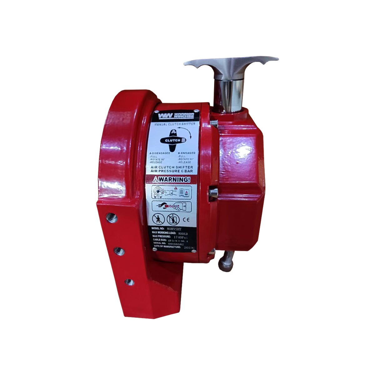Gearbox GBT80RVSDY red winch gearbox with adjustment lever and warning label