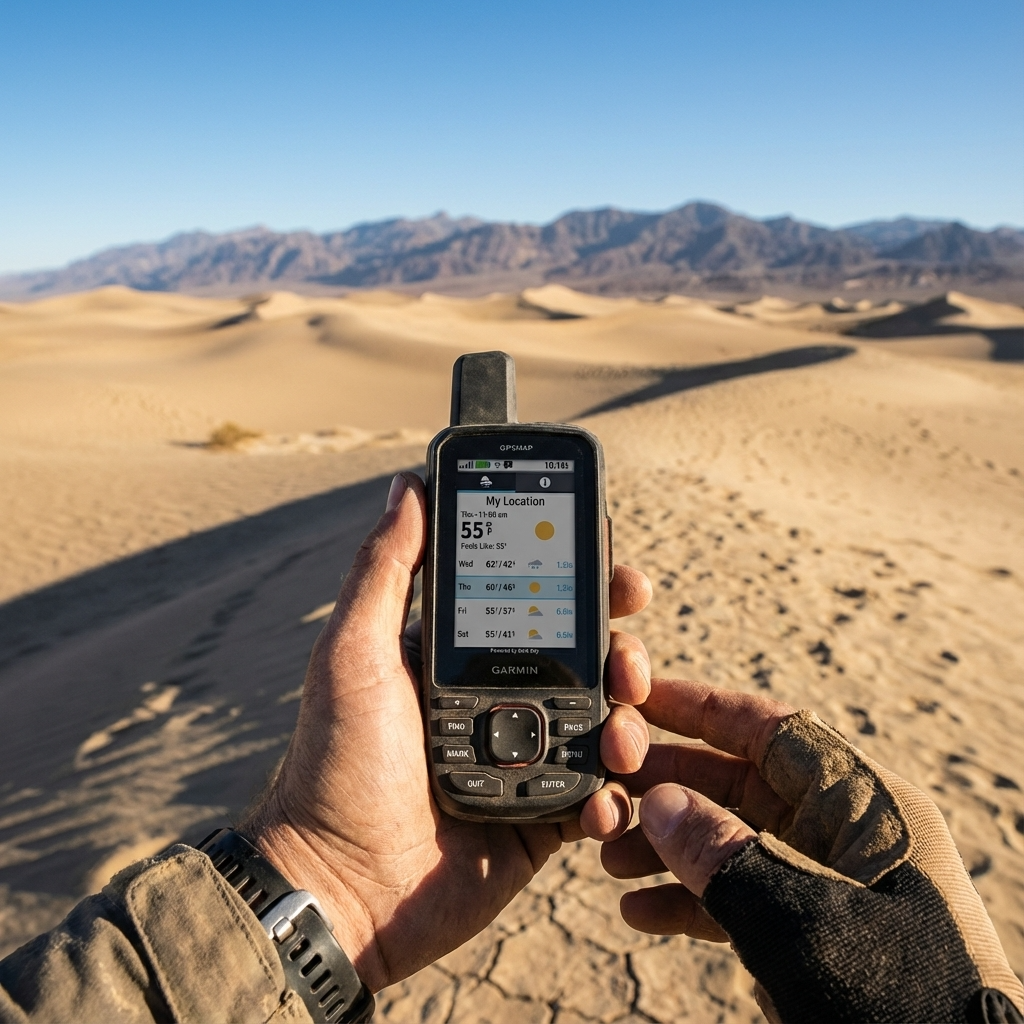 Garmin GPSMAP 67i handheld rugged GPS satellite communicator in desert environment showing location and weather details