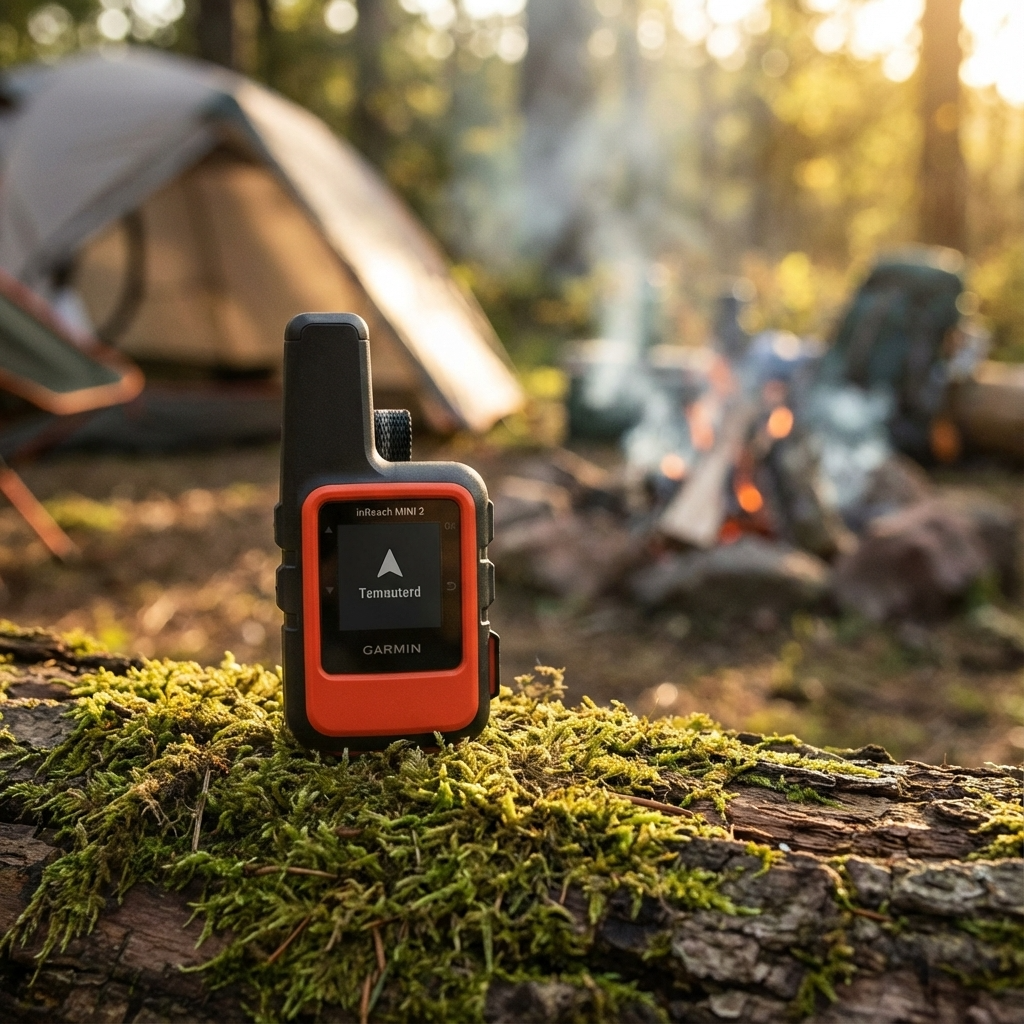 Garmin inReach Mini 2 satellite communicator on mossy log near campsite with tent and campfire background