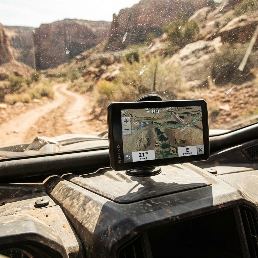 Garmin Tread Base Edition 5.5-inch rugged off-road GPS navigator with touchscreen and topographic maps mounted in a powersport vehicle