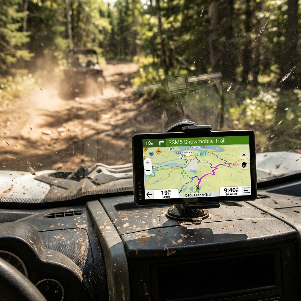 Garmin Tread 2 6-inch rugged GPS navigator mounted on off-road vehicle dashboard displaying trail map navigation