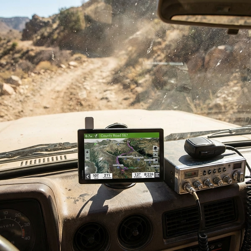 Garmin Tread XL Overland 10-inch GPS navigator mounted on vehicle dashboard showing off-road trail map.
