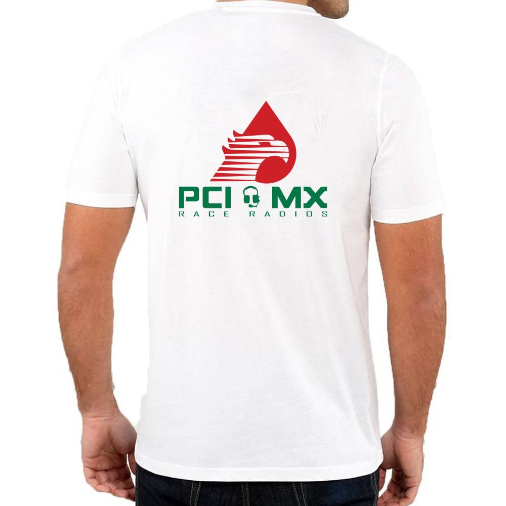 White PCI Gasolina Shirt with red and green PCI MX Race Radios logo on back, worn by man