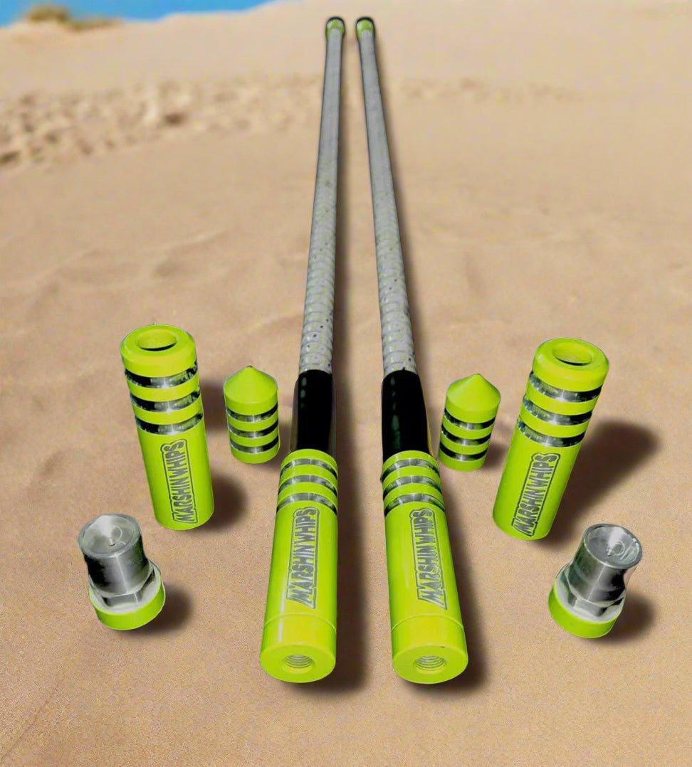 Game Changer Savage Sage Green off-road whips with durable 5/8 internal rod and accessories on sand