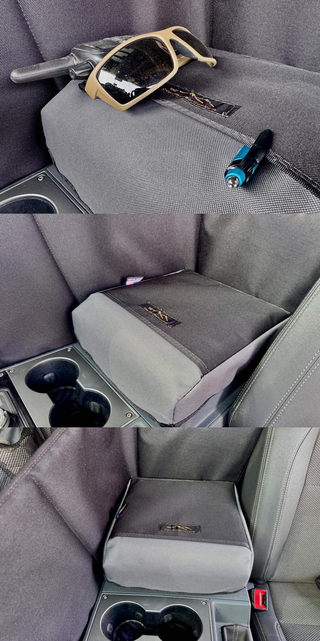 Grenadier Console Cover protecting car center console with slip pockets for sunglasses and small items in gray fabric