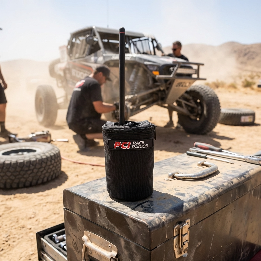 PCI handheld radio bag with padded protection and zippered top on a toolbox in desert off-road setting