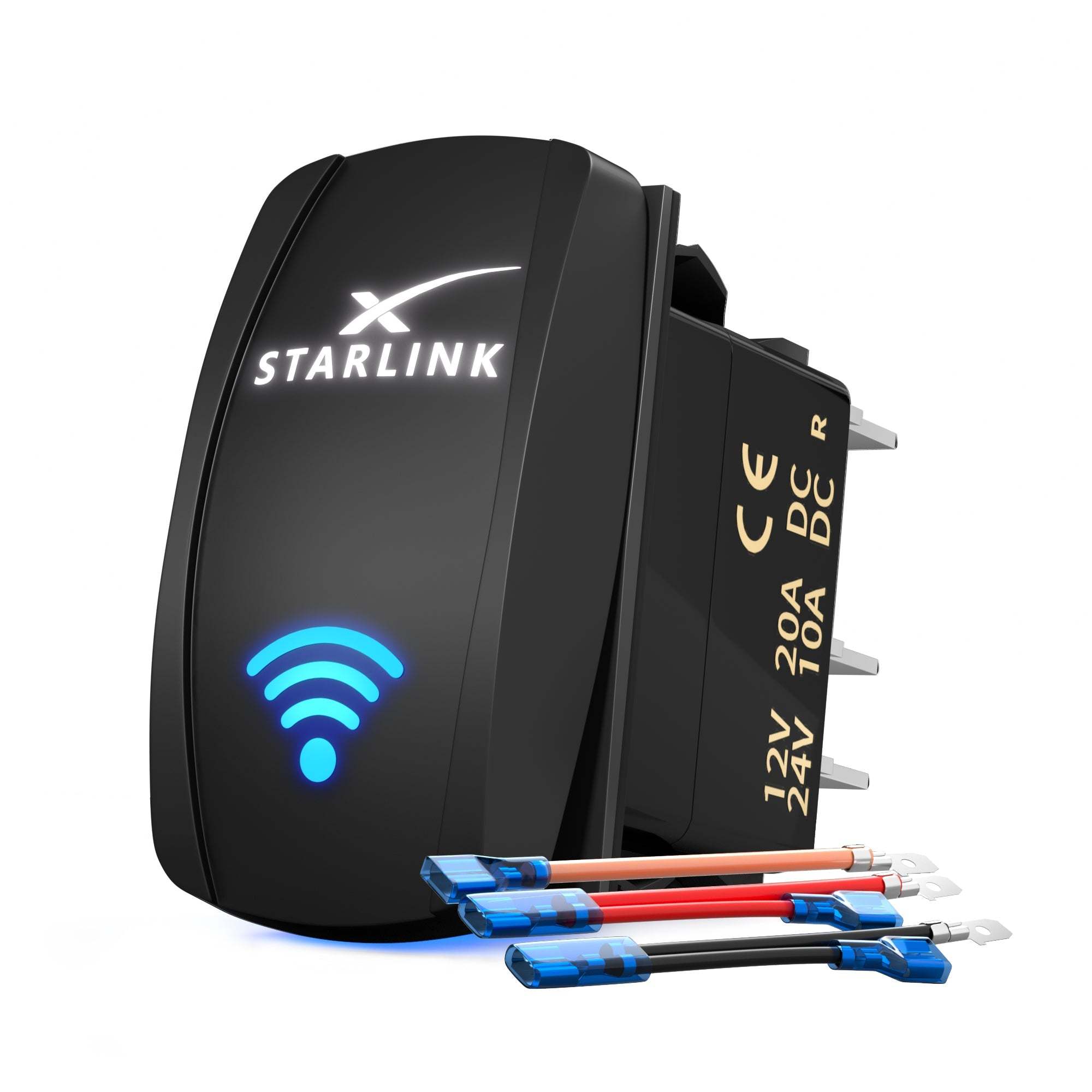 Starlink Rocker Switch 12V 24V 20A illuminated with jumper cables and WiFi symbol