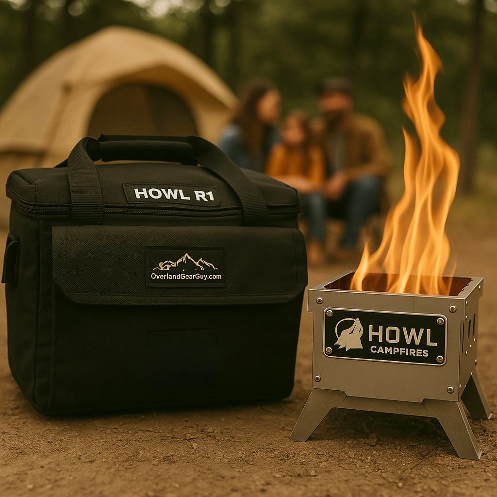 Durable black Howl R1 Carry Bag with handles and label beside a lit Howl Campfires fire pit outdoors