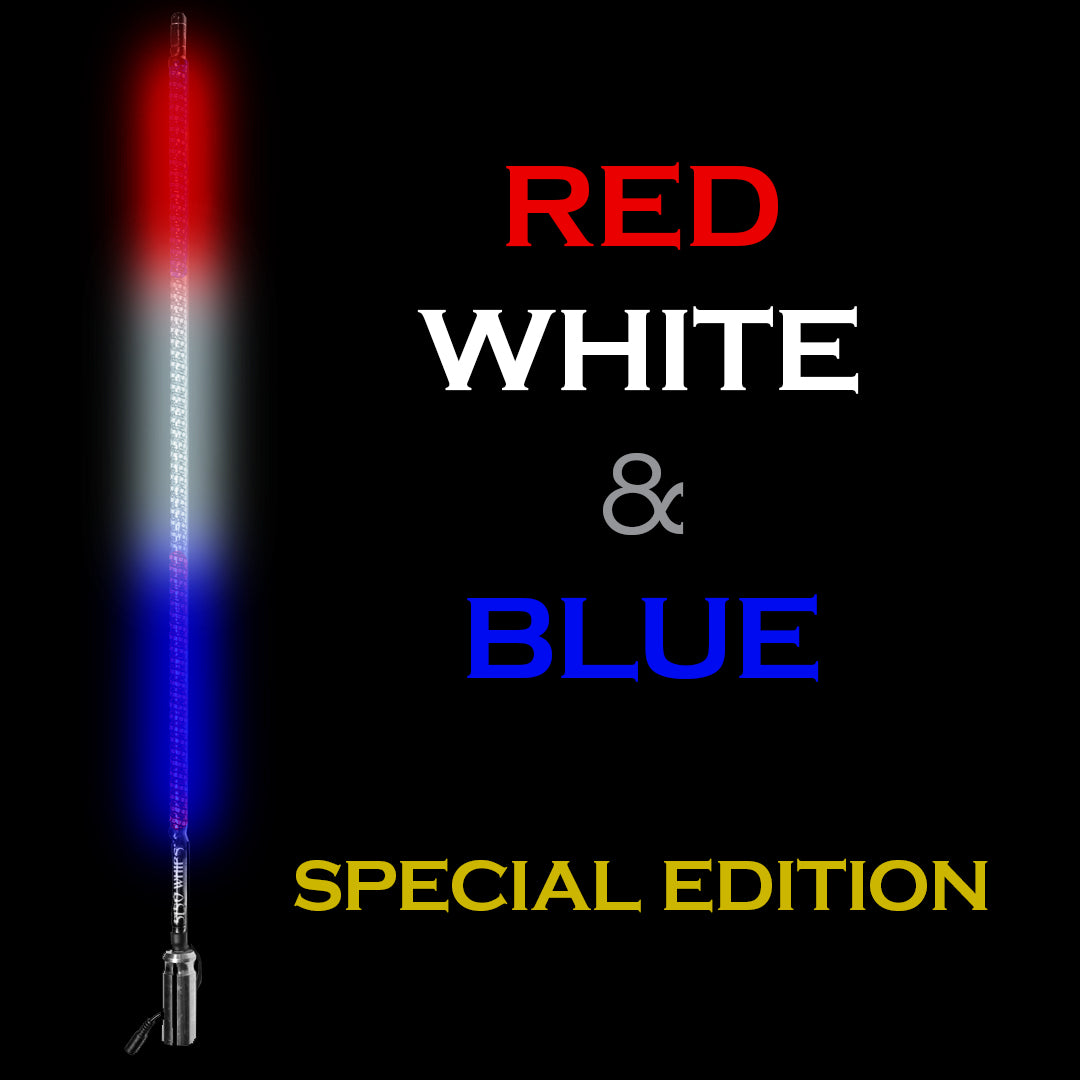 Special edition Hyper Color LED whip in red, white, and blue with ultra-bright, rugged design