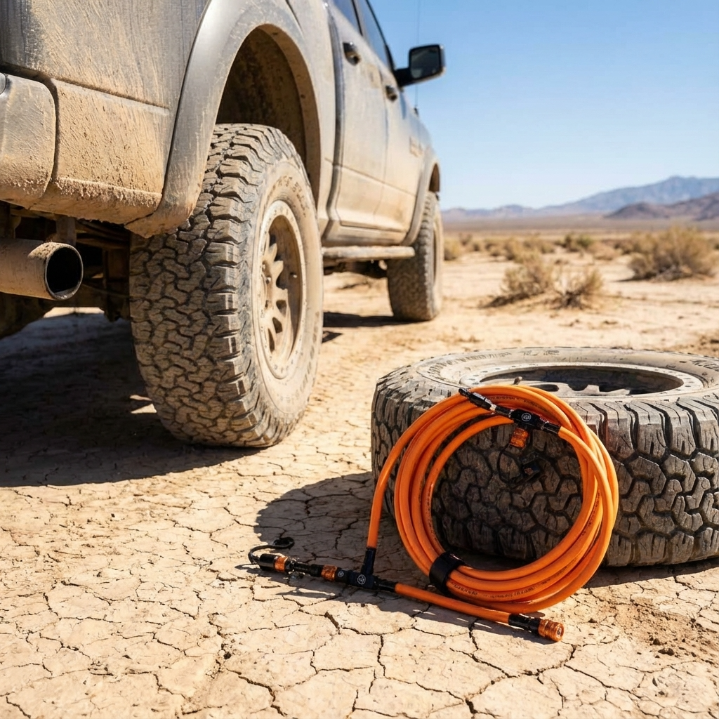 Hyperflex 6-way orange hoses coiled on off-road tire next to rugged vehicle in desert environment