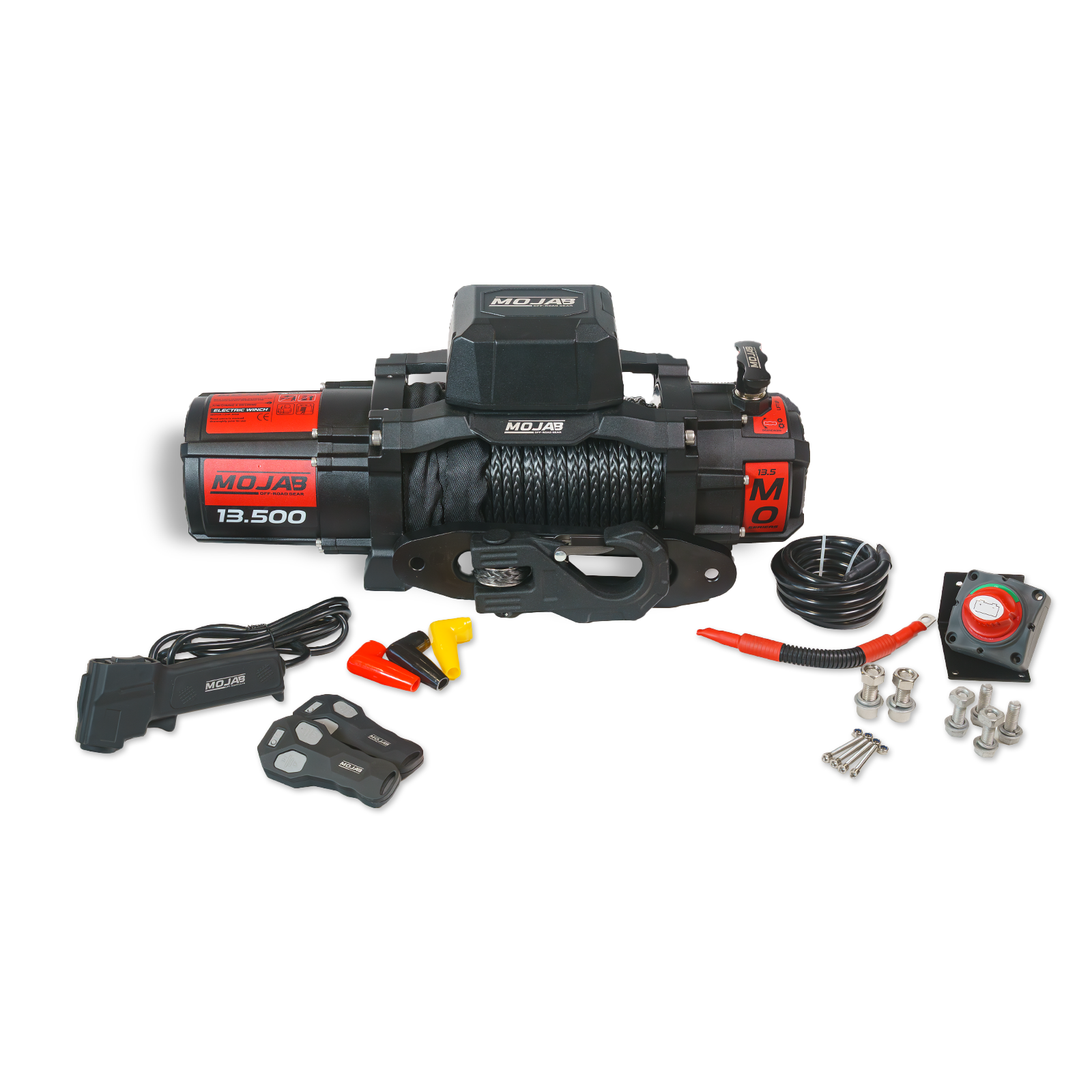 MO13.5 Series Electric Winch with 13,500 lb capacity, synthetic rope, wireless and corded controls, and waterproof design