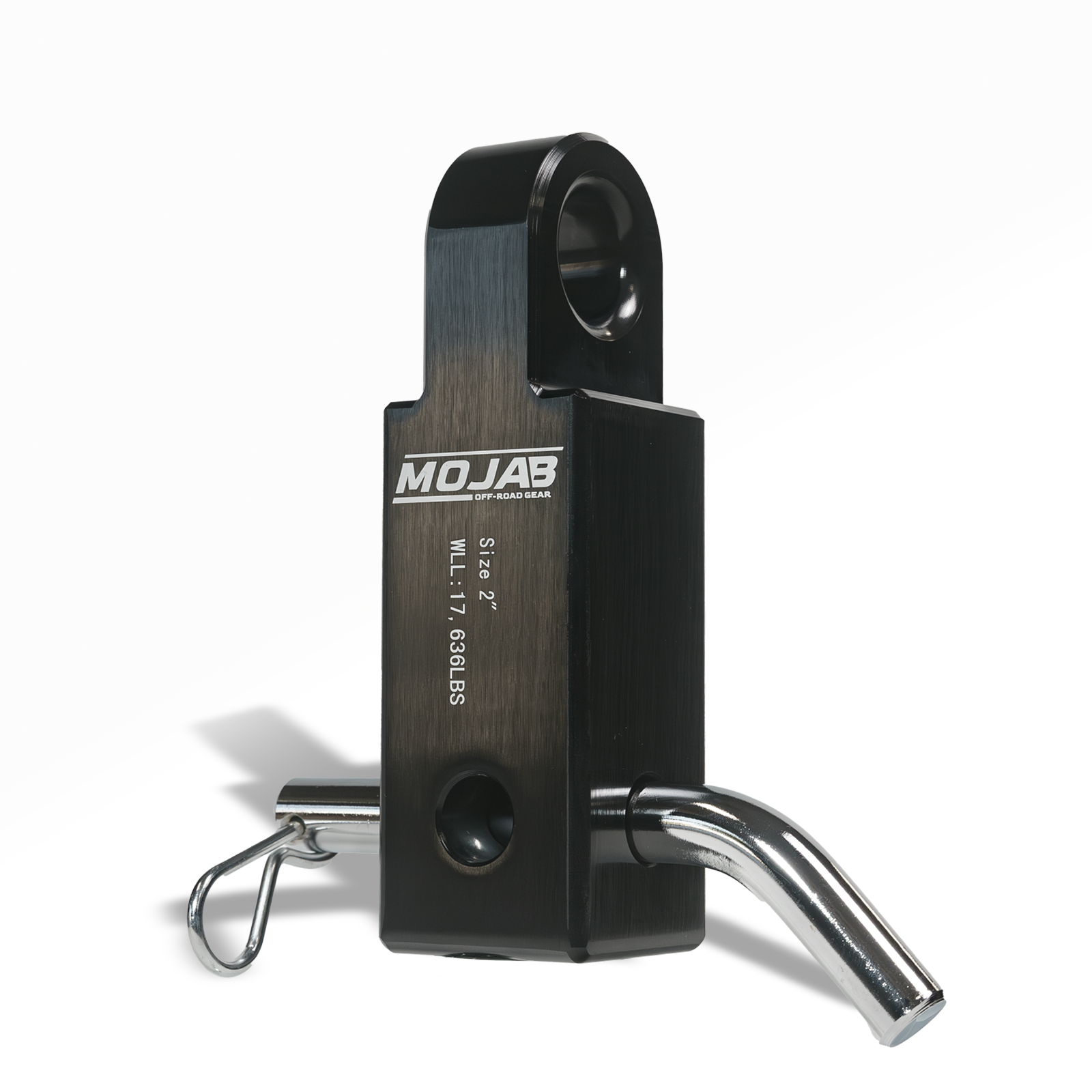 Black 2-inch aluminum hitch receiver with pin, durable corrosion-resistant T6061 aluminum, cerakote finish, 11,000 lbs WLL, MOJAB branded