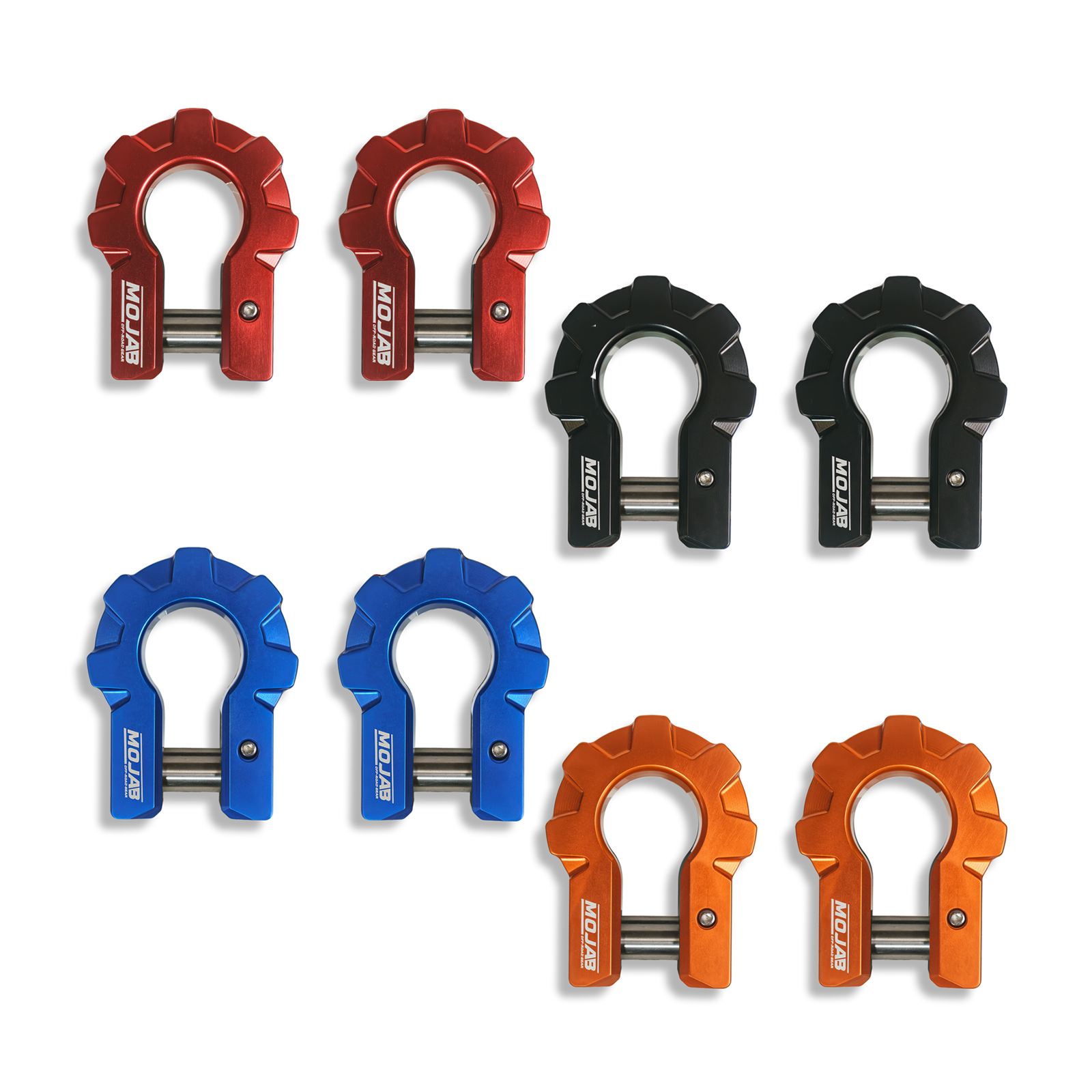 Extreme duty aluminum D-shackle set in red, black, blue, and orange with 9-ton capacity and lifetime warranty