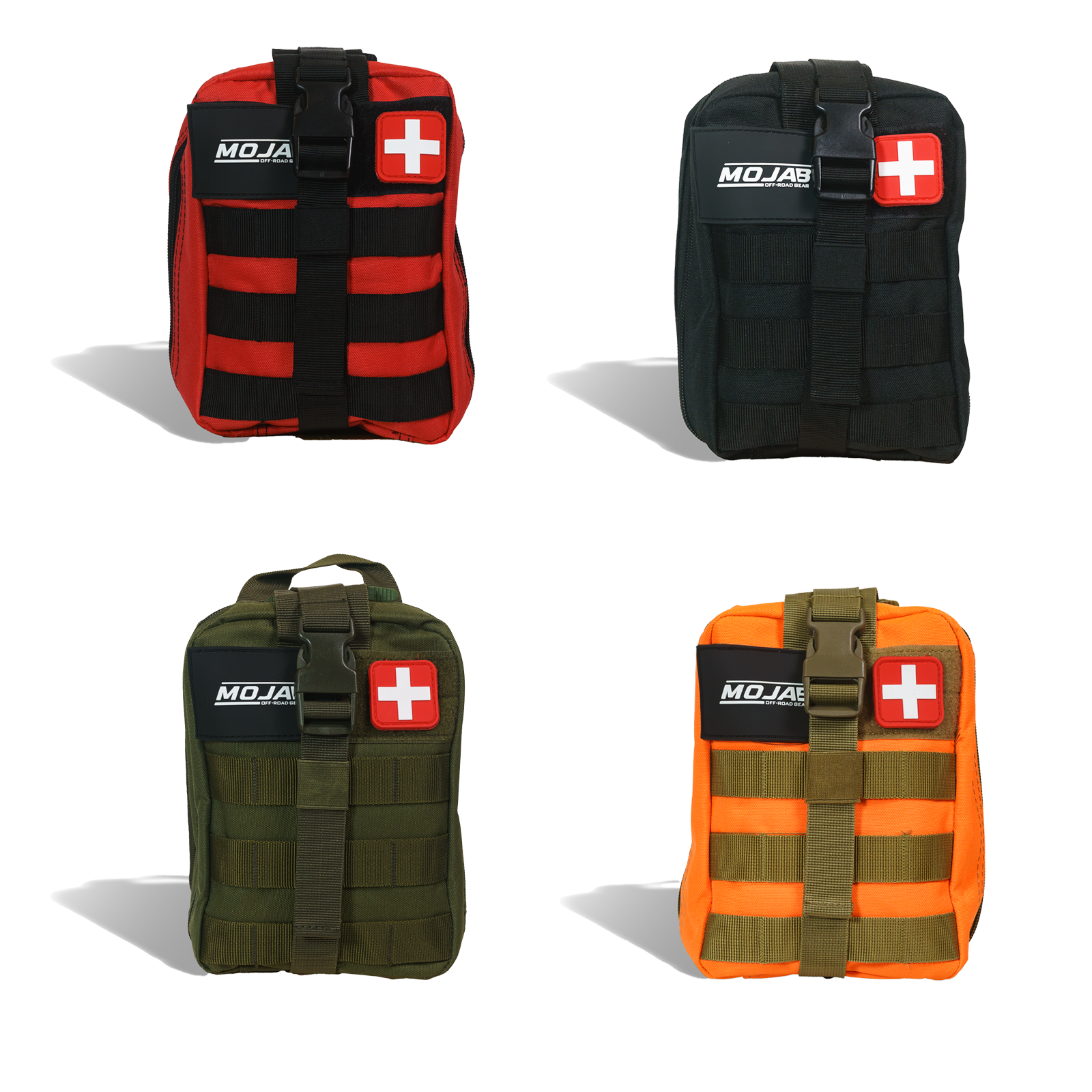 Compact 151-piece first aid kits in red, black, green, and orange with medical cross patches and molle webbing for outdoor and emergency use