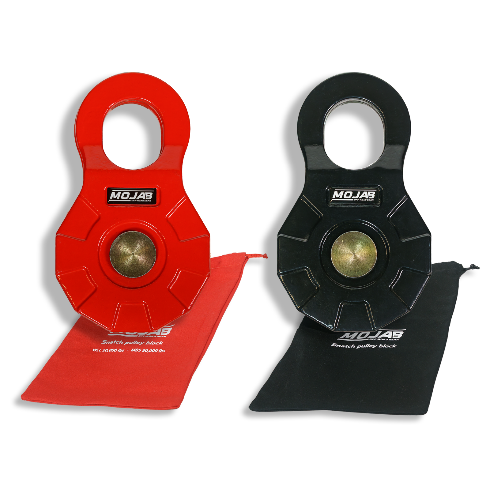 Snatch pulley blocks in red and black forged steel with storage bags, 50,000 lbs MBS, 20,000 lbs working tension for off-road recovery