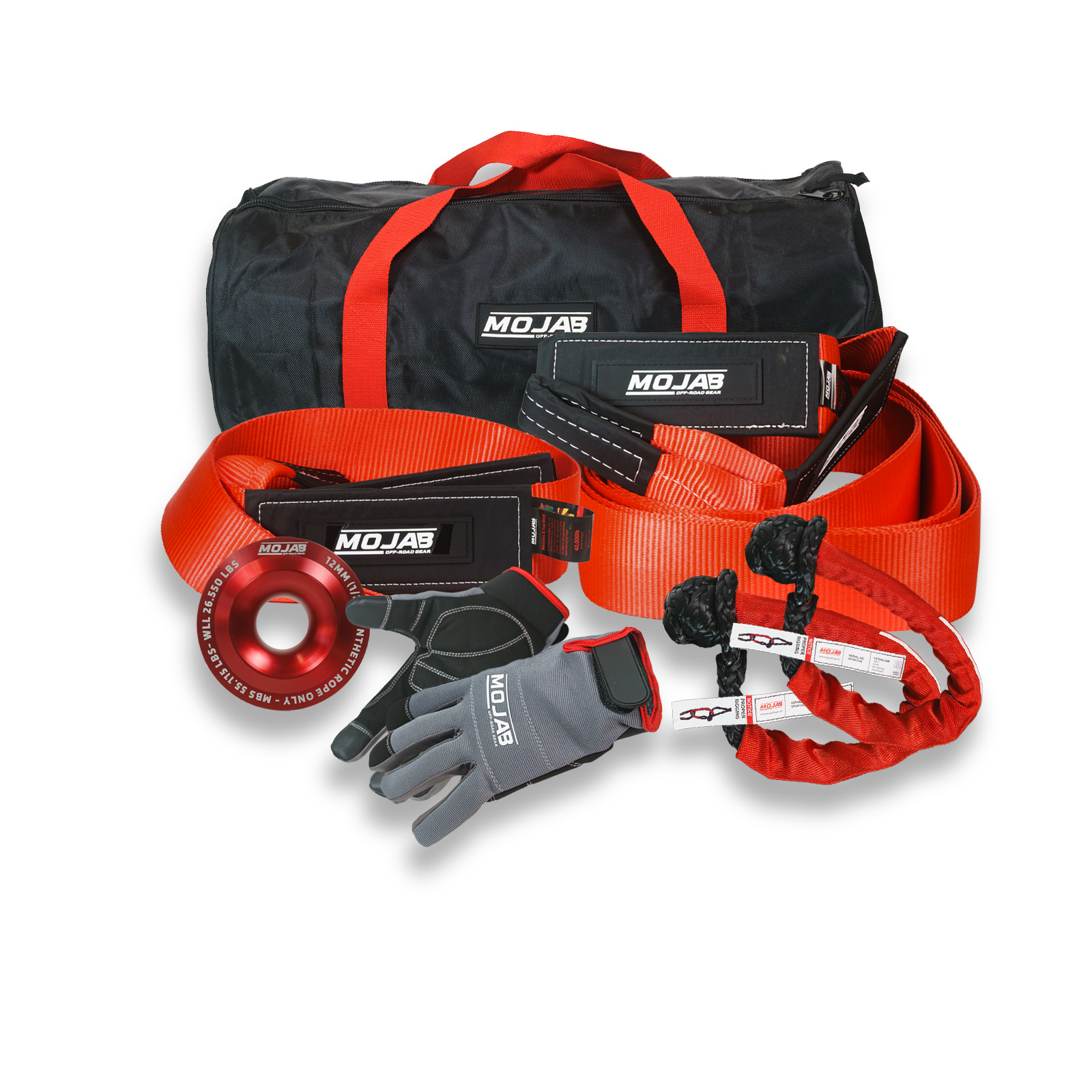 Premium Recovery Kit with snatch ring, soft shackles, gloves, tree saver strap, tow strap, storage bags, and velcro tape
