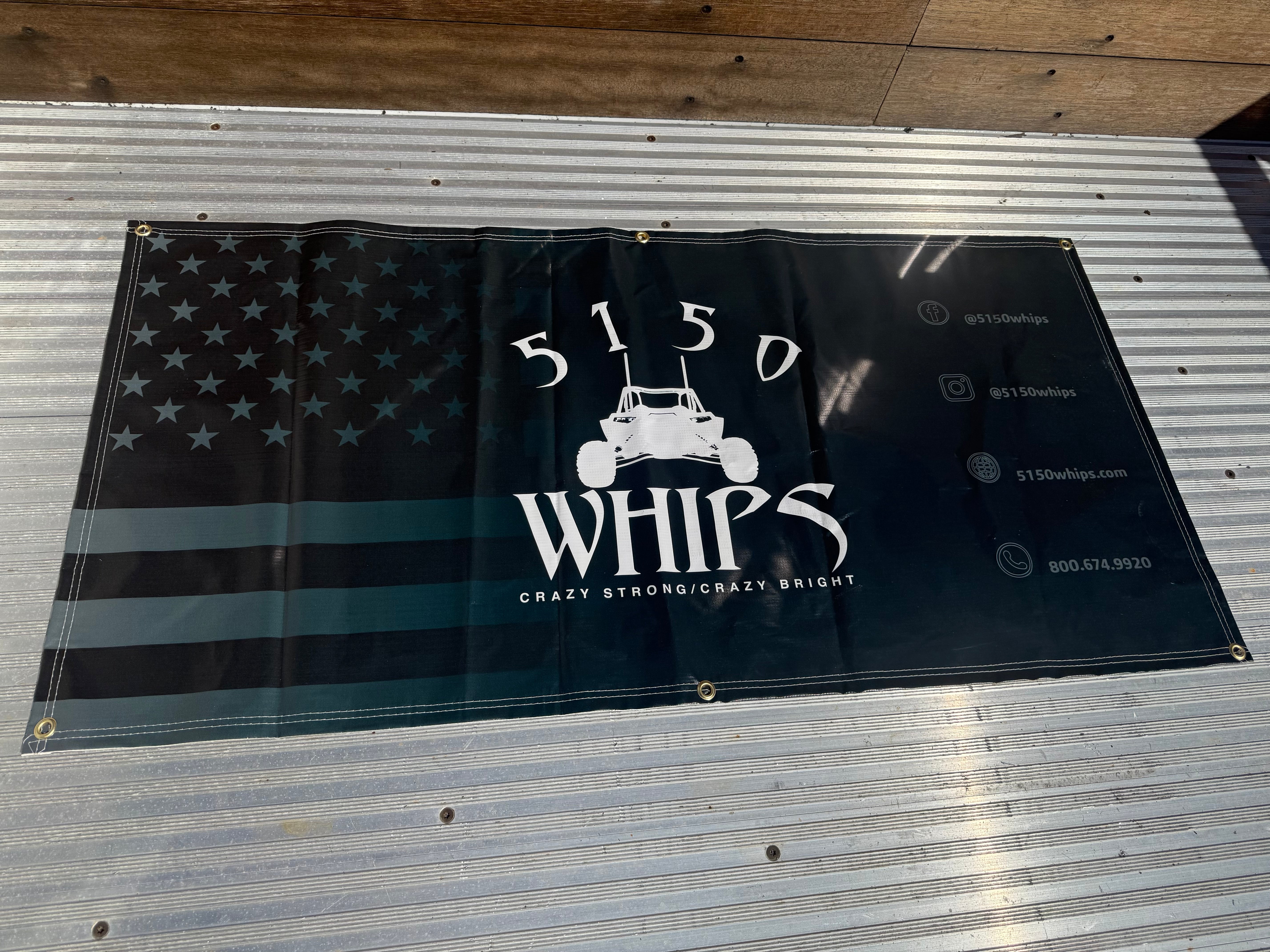 5150 Garage Banner with grey monochrome American flag and bold branding for garages and shops