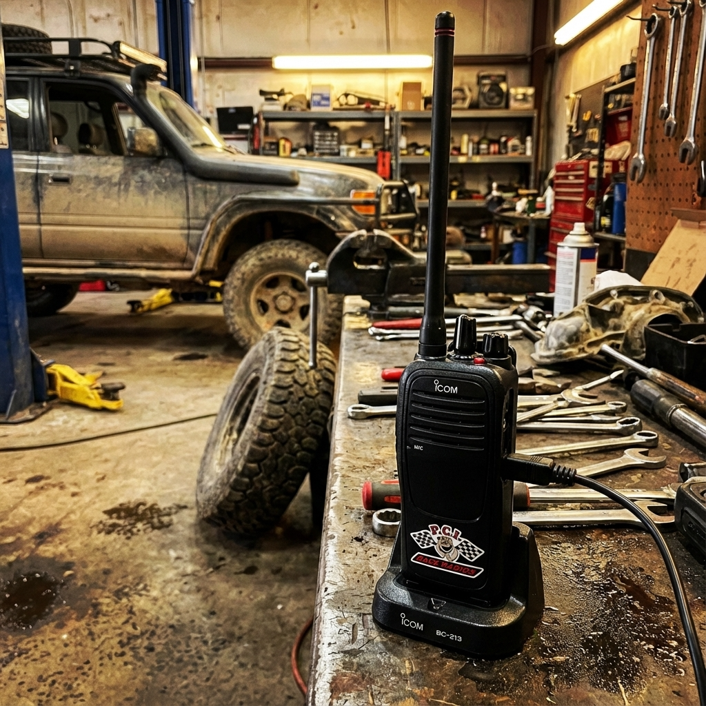 Icom F1000 handheld radio with rapid charger on workshop bench near vehicle tire and tools, IP67 waterproof, 16 channels with channel announcement.