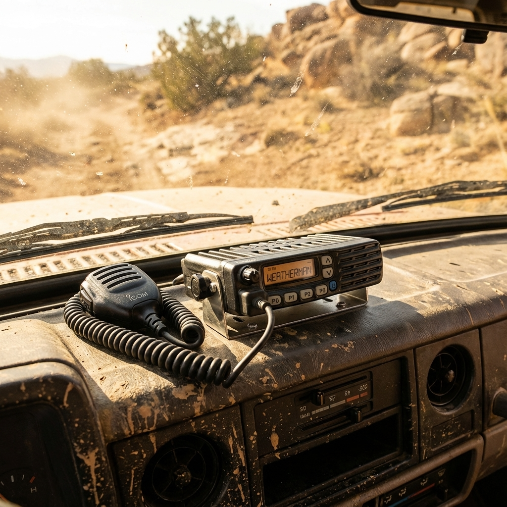 Icom F5021 mobile VHF radio with hand microphone installed on dusty vehicle dashboard outdoors