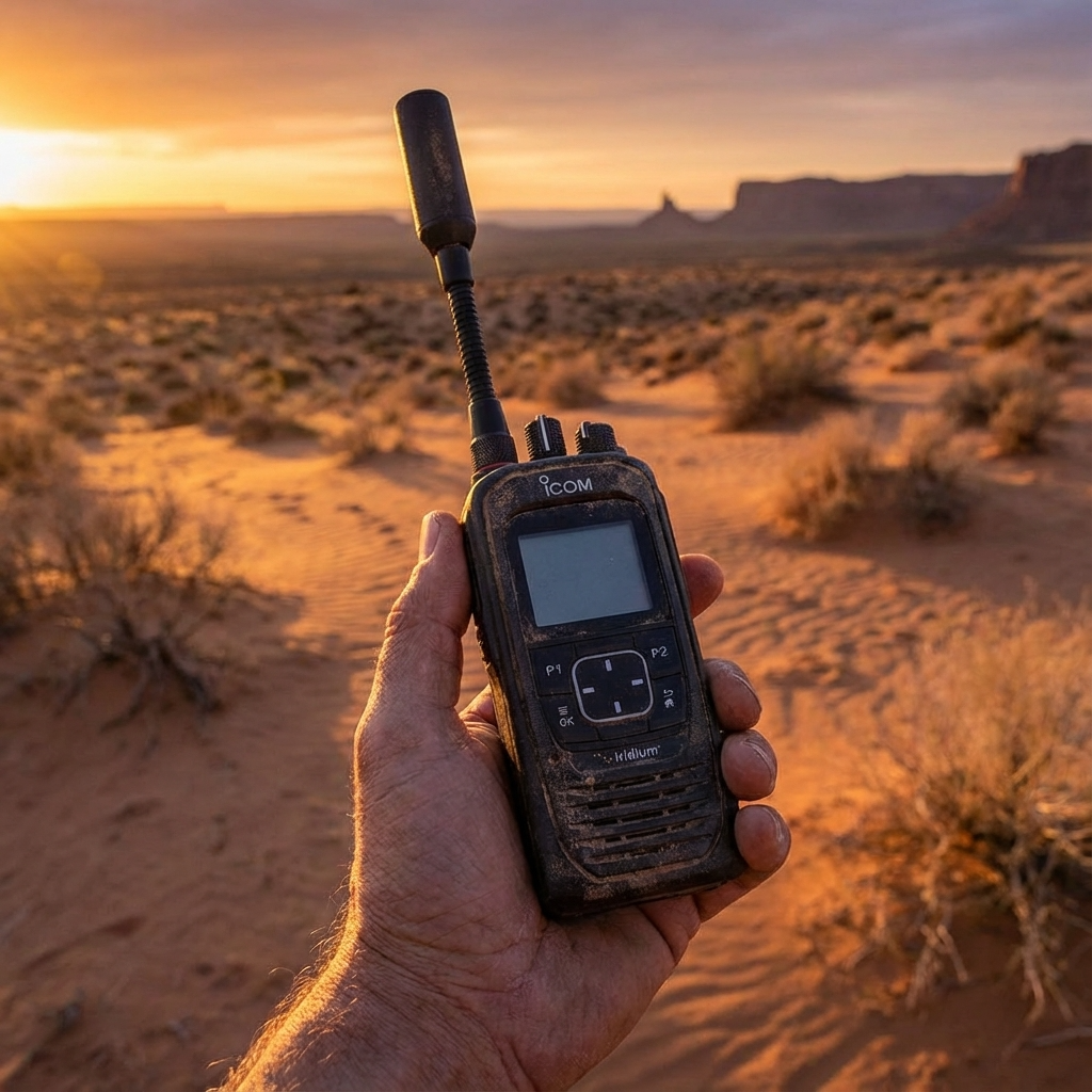 Icom SAT100 handheld satellite radio communication device in desert sunset setting