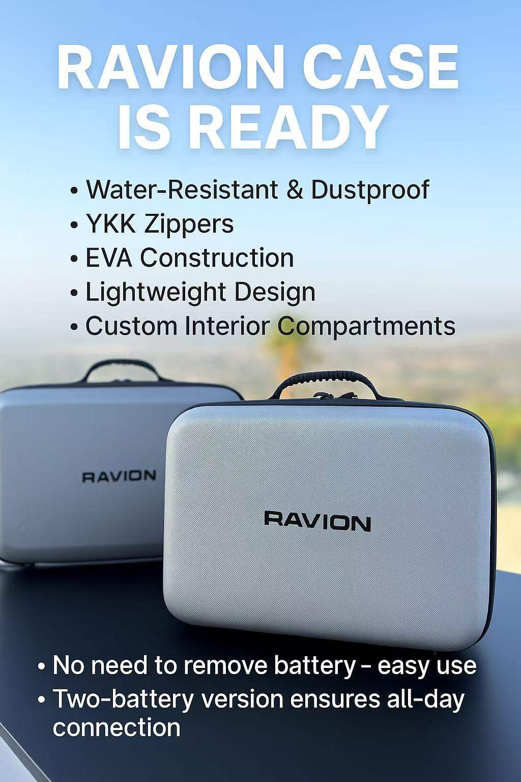 Ravion® Battery Travel Case for Starlink Mini with waterproof EVA construction, YKK zippers, lightweight design, and custom interior compartments.