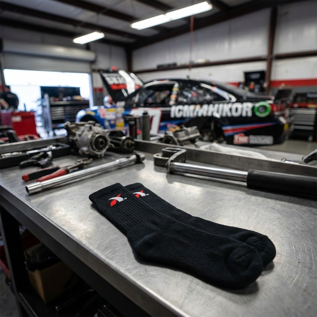 Impact Nomex heat and flame resistant socks with Kevlar reinforcement in black displayed on metal workbench in a racing garage