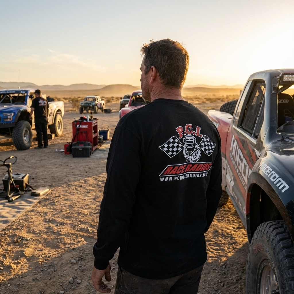Man wearing long sleeve PCI shirt with race radios logo at off-road event