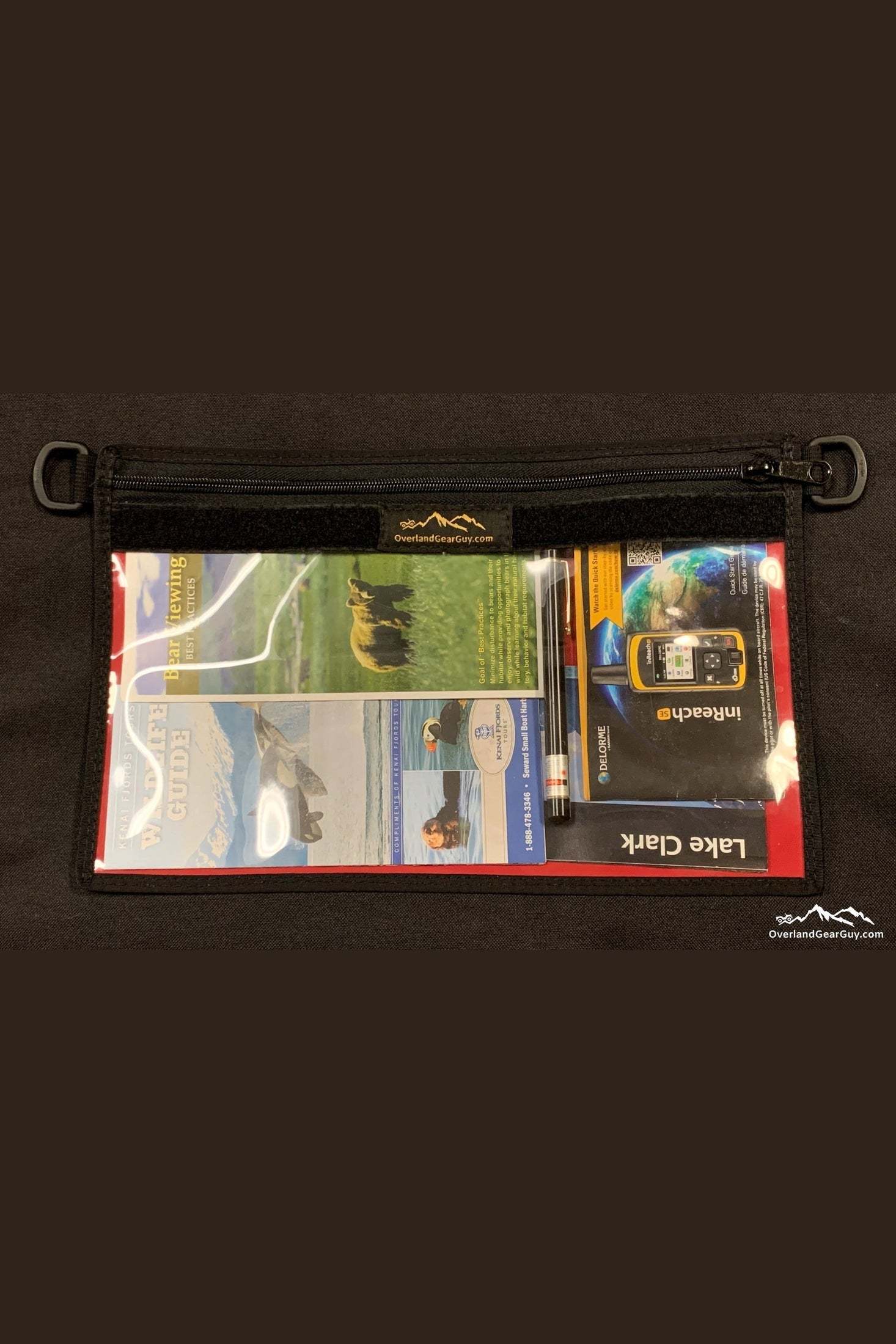 Overland Map & Document Pouch with clear vinyl front displaying maps and documents.