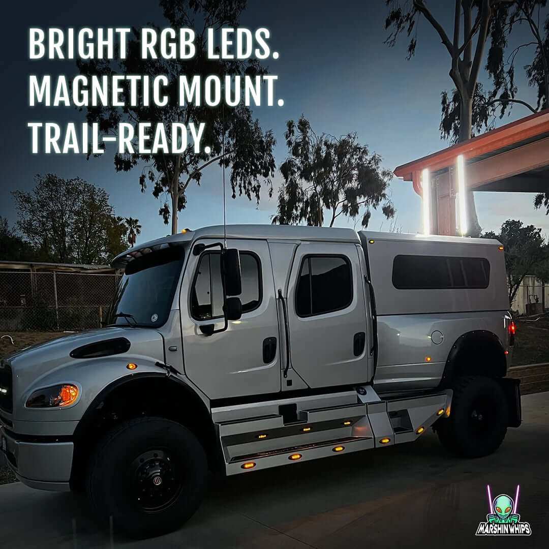 Off-road truck equipped with RGB3 BIG MOE’S bright RGB LED magnetic mount trail light at dusk
