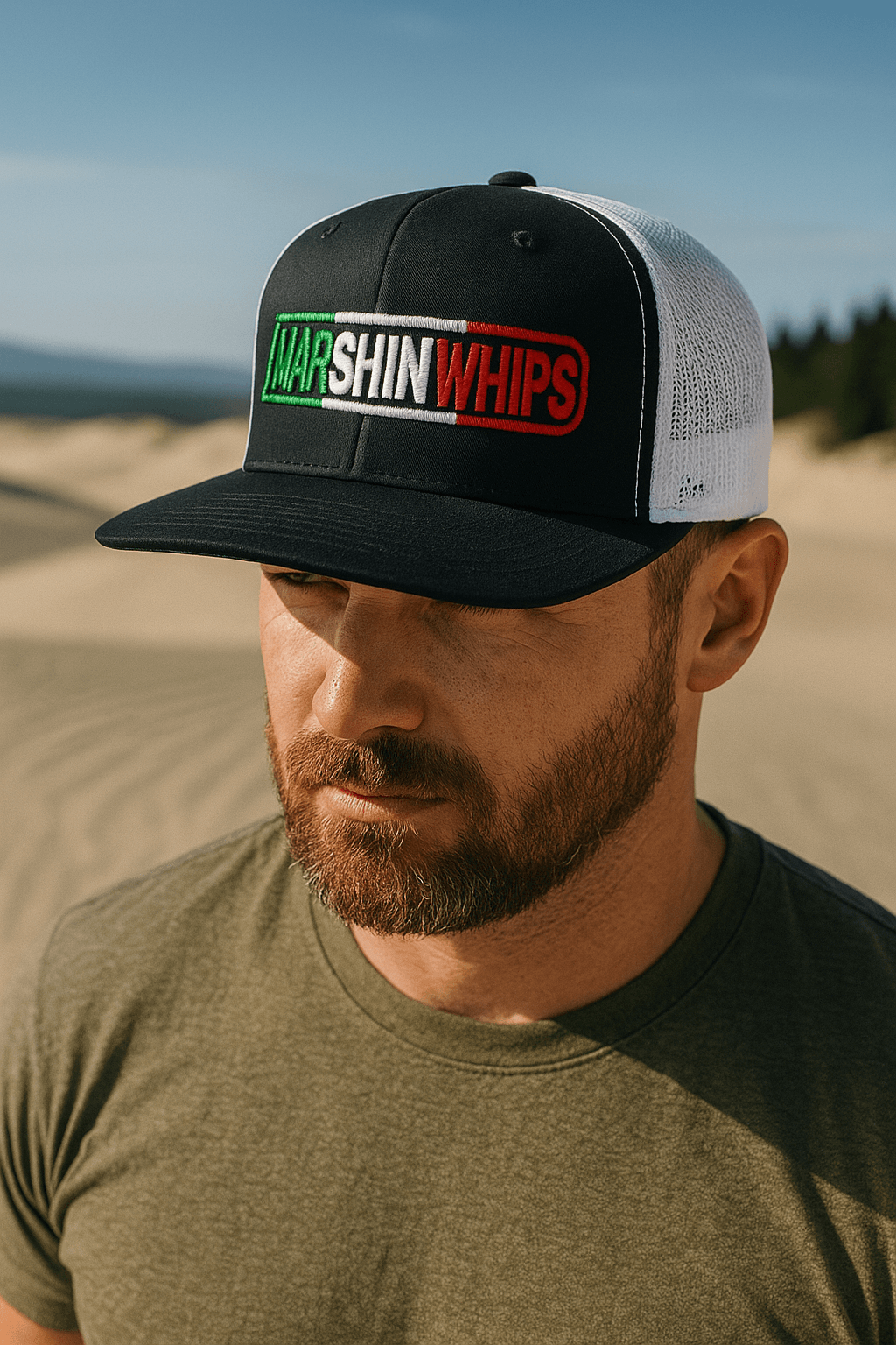 Marshin Whips limited-edition snapback hat with red, white, and green embroidery and breathable mesh back