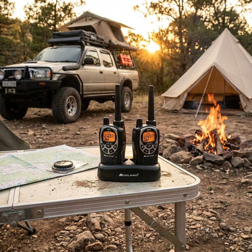 Midland GXT1000 handheld two-way radios (2 pack) on camping table with outdoor background and campfire