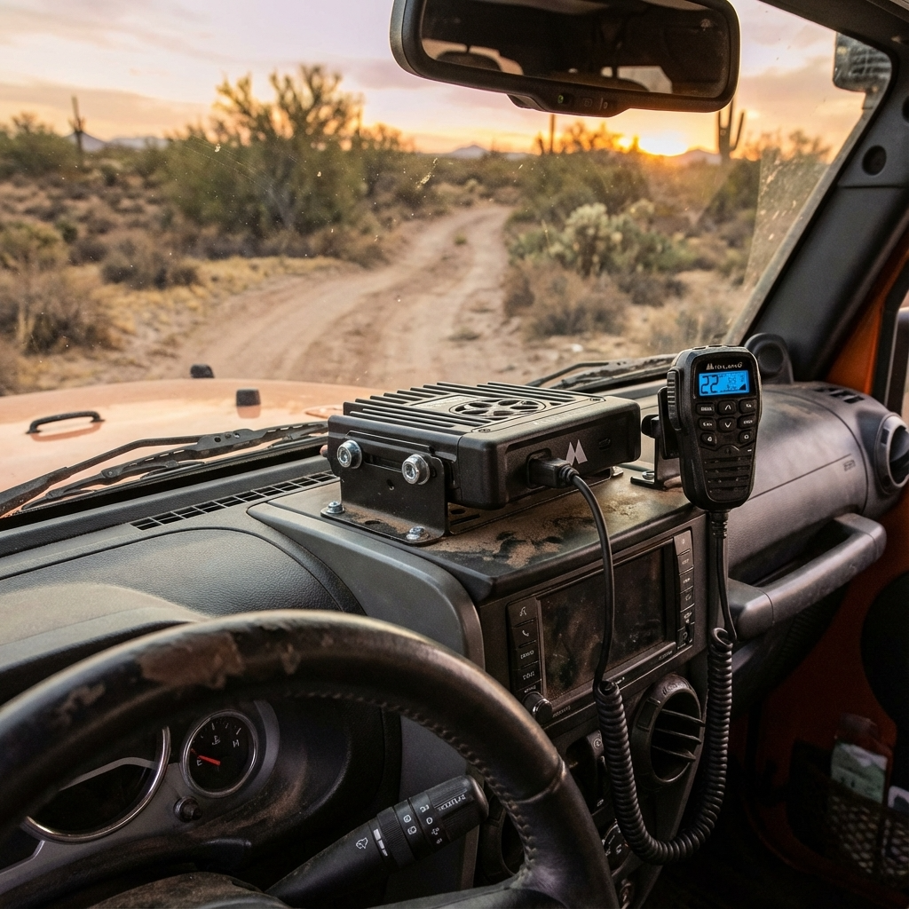 Midland MXT575 remote radio with integrated control microphone installed on vehicle dashboard for off-road communication