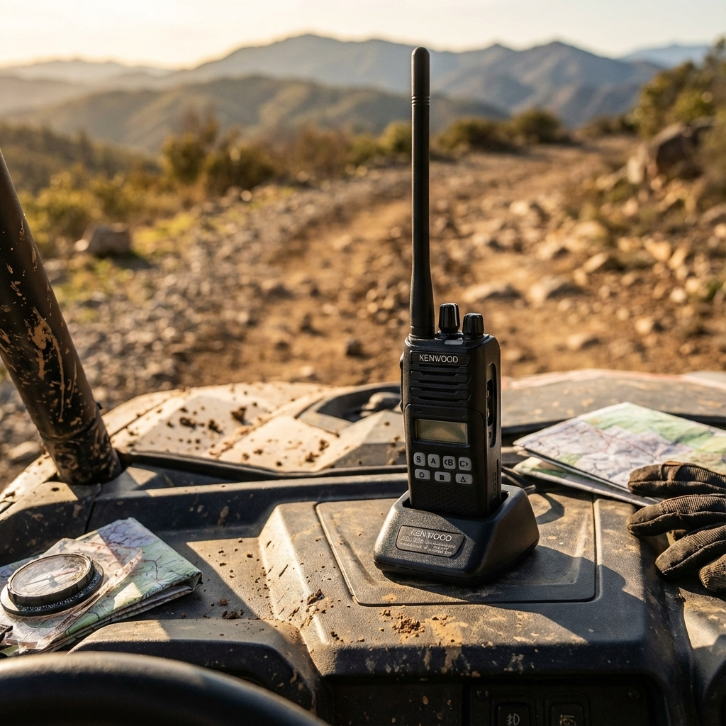 Kenwood NX-1200 VHF handheld radio with alphanumeric display and rapid charger on off-road vehicle dashboard