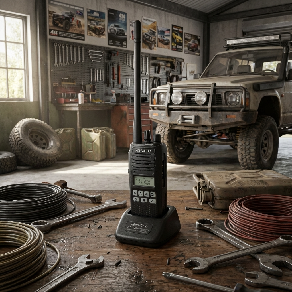 Kenwood NX-1300 UHF handheld radio with alphanumeric display and battery indicator on charger in workshop.