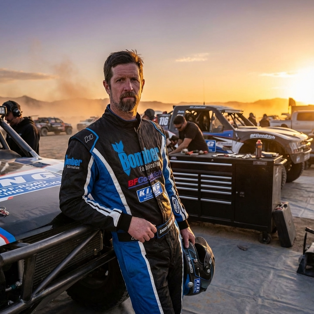 Man wearing PCI 2 layer custom fire suit with blue and black design holding helmet at outdoor race setting during sunset
