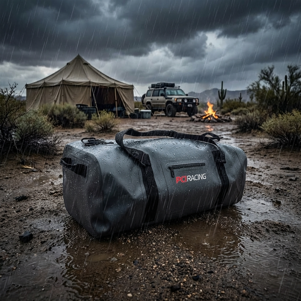 PCI 75L waterproof duffel bag in rain with camping background, durable and rugged gear protection