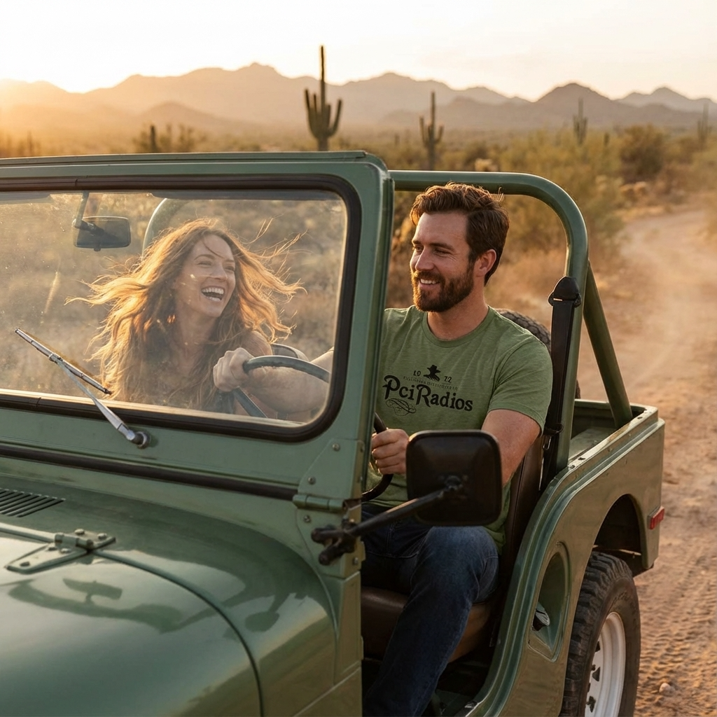 Couple wearing PCI Agave Shirt in olive green cotton-poly blend shirt driving a vintage green jeep in desert landscape at sunset