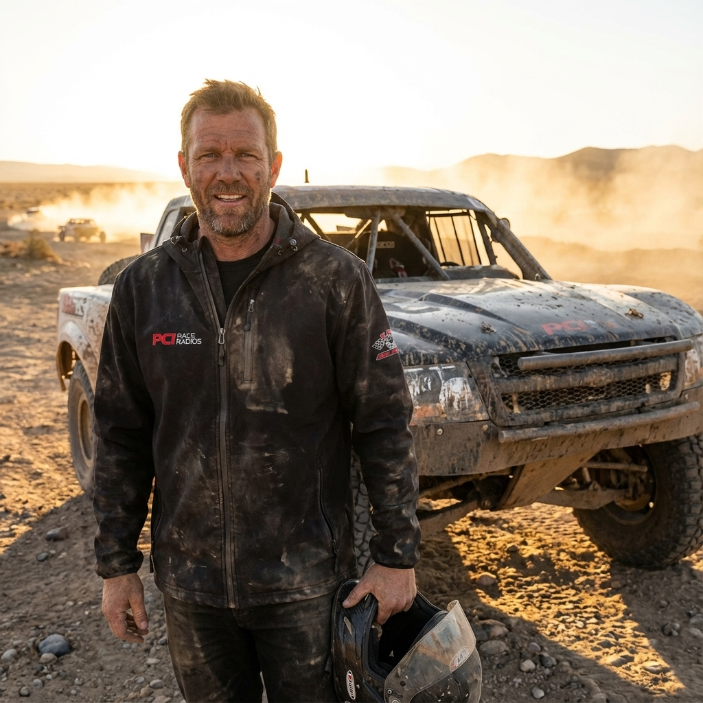 Man wearing black PCI Chase Jacket with hood, standing in front of off-road truck in dusty outdoor setting