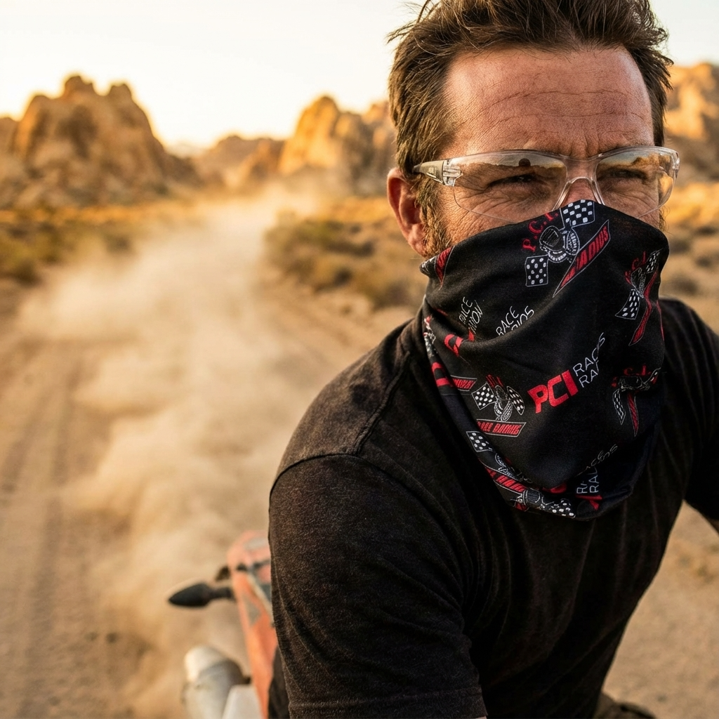 Man wearing PCI dust mask and protective glasses on dusty outdoor trail