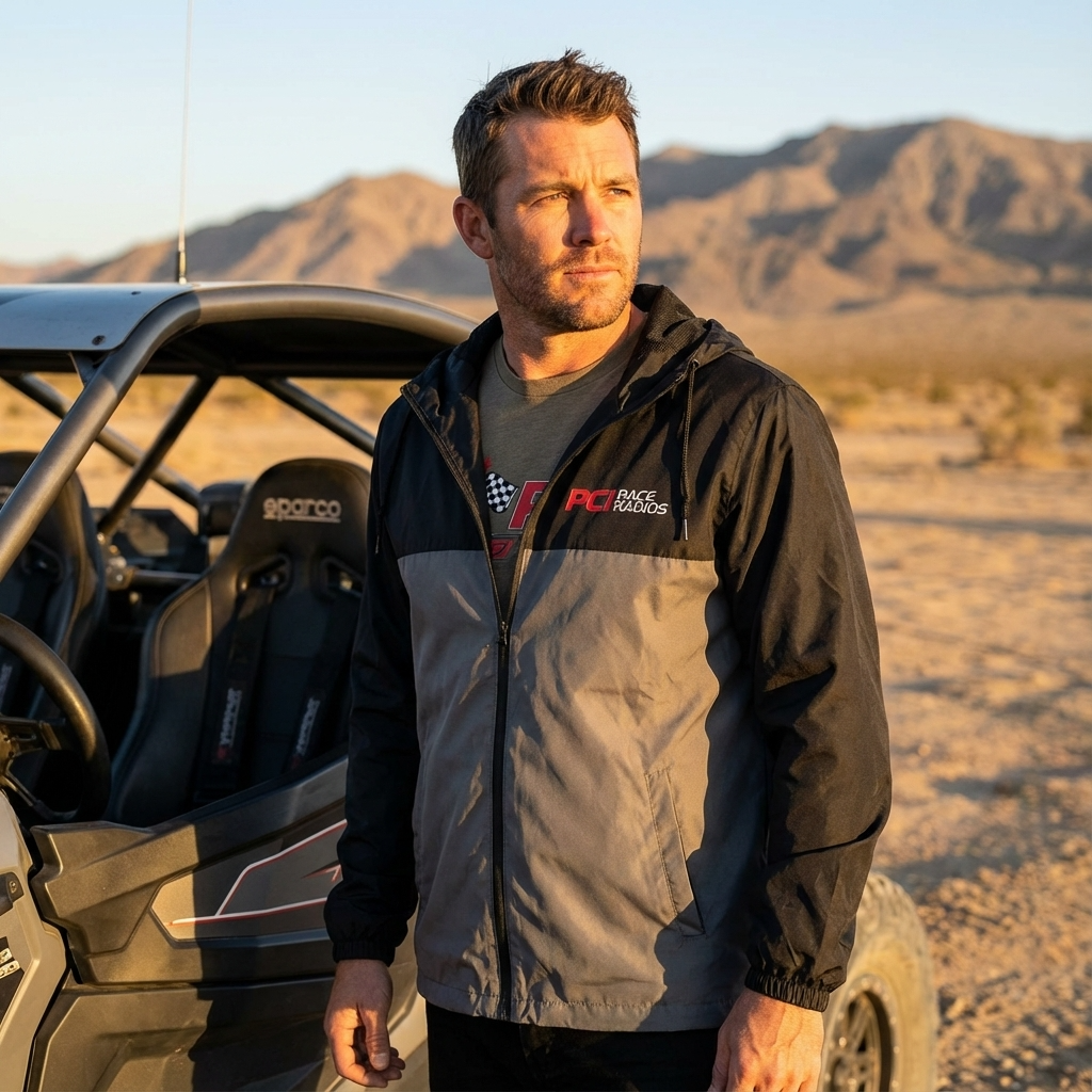 Man wearing PCI Element lightweight packable windbreaker jacket with hood in desert outdoors