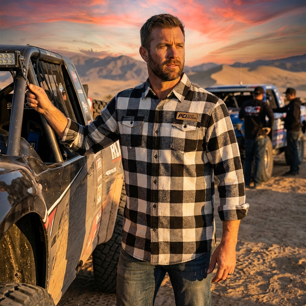 Man wearing black and gray PCI flannel shirt with leather logo patch standing by off-road vehicle at sunset