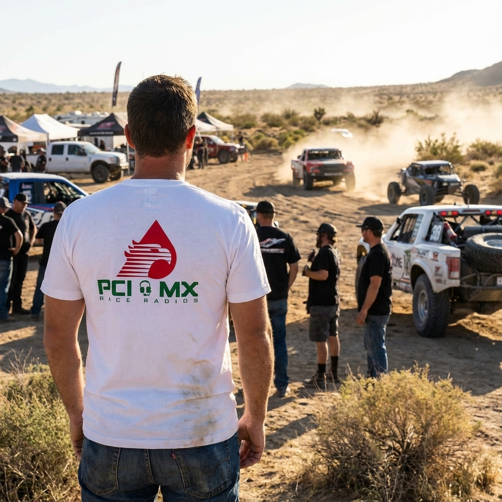 Man wearing PCI Gasolina Shirt with red and green logo at off-road motorsports event with trucks and spectators in background